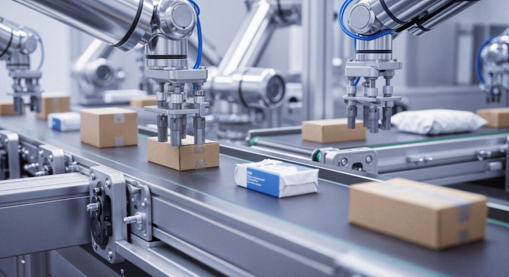 Machine d'emballage industriel avec bras robotisé triant des colis sur un convoyeur automatisé